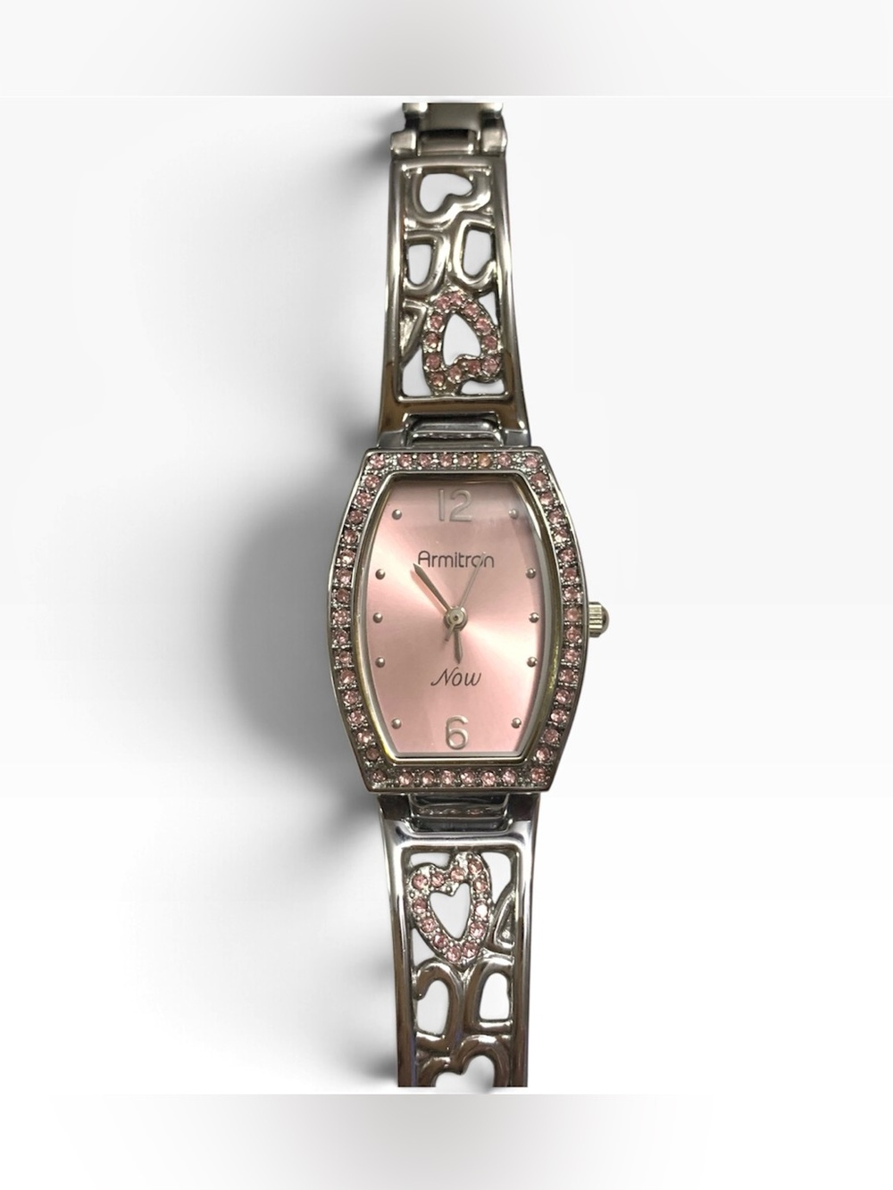 Armitron Silver-Tone Bracelet Watch with Pink Dial & Crystal Hearts